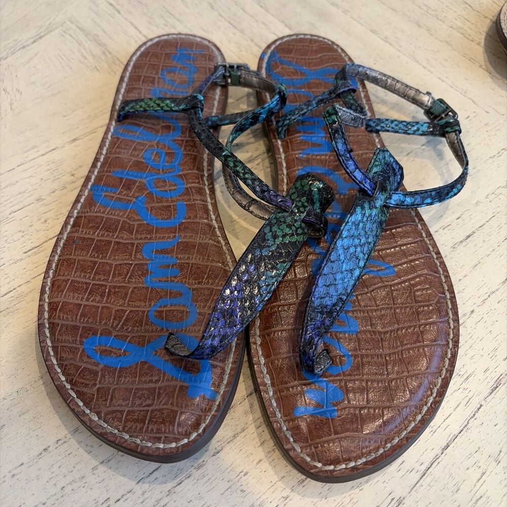 Sam Edelman Leather Sandals Sz 8.5 Dark Blue Snakeskin Adjustable Flat
